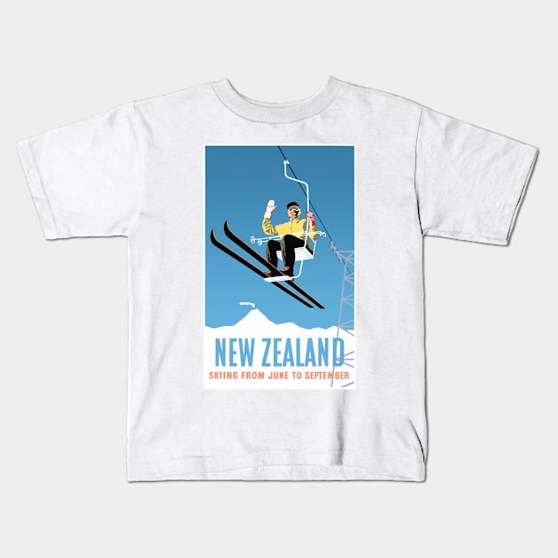 Vintage Travel Poster New Zealand Skiing Kids T-Shirt by vintagetreasure